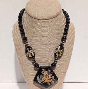 RARE Japan Black & Gold Tone Floral Necklace Hand Painted Vtg 18" Estate Find